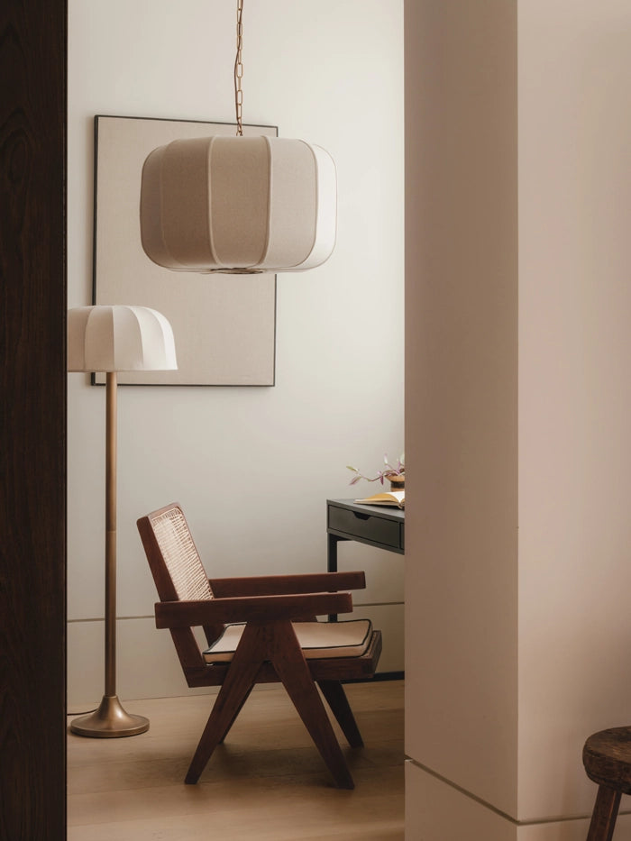 Ottino - aged brass and linen ceiling pendant | Ceiling lights | lights&lamps | UK | Modern Affordable Designer Lighting