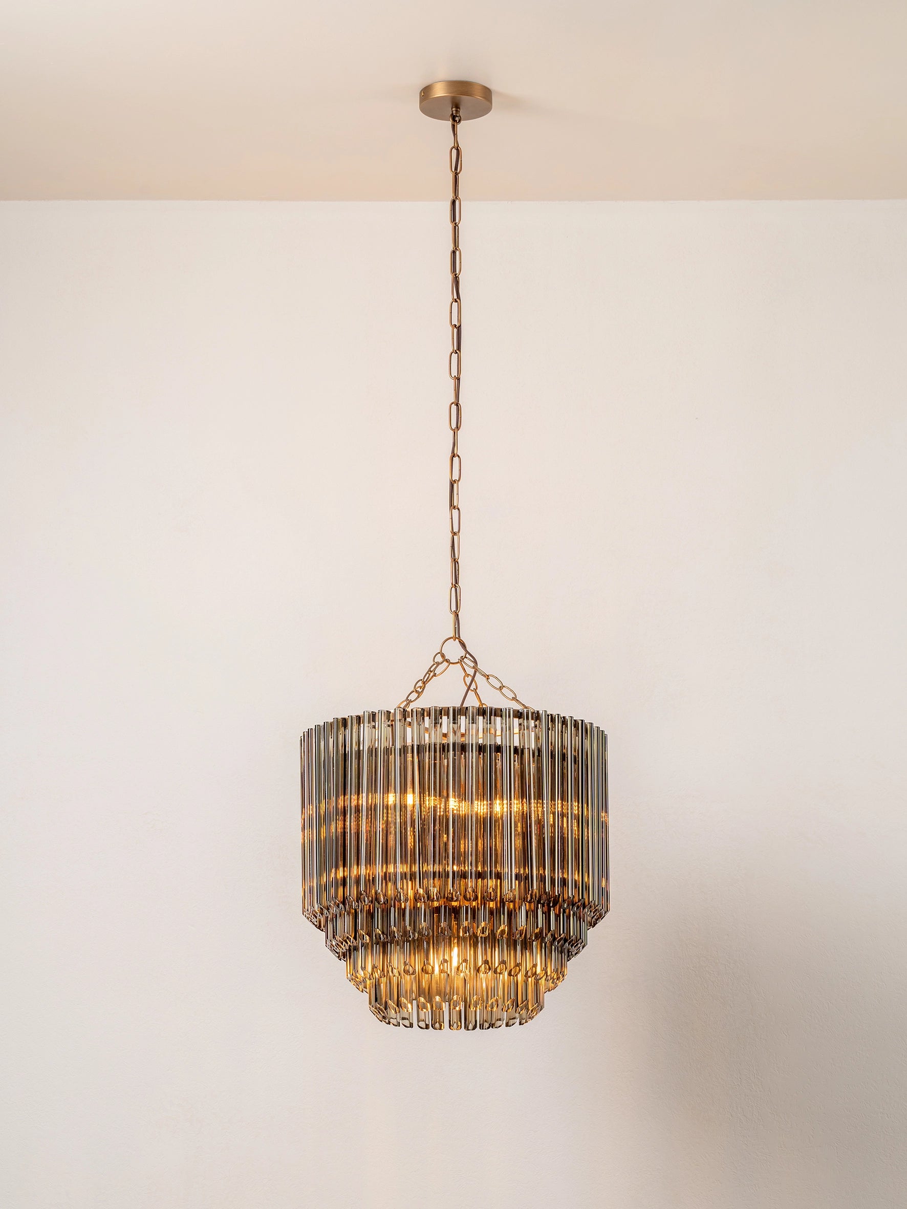 Petalia - 9 light aged brass and smoked green tube tall chandelier | Chandelier | lights & lamps | Modern affordable designer lighting