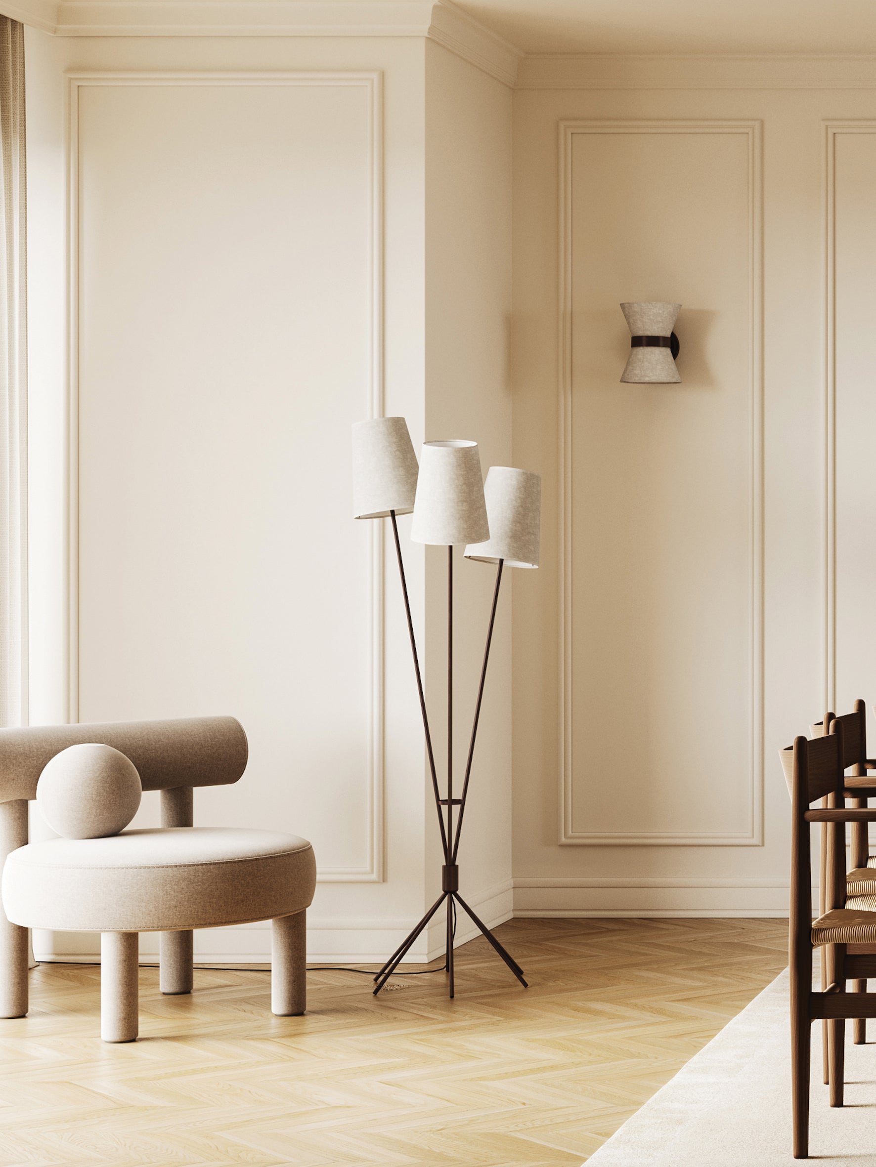 Renwick - 3 light linen and bronze floor lamp | Floor Lamp | Lights & Lamps | UK | Modern Affordable Designer Lighting