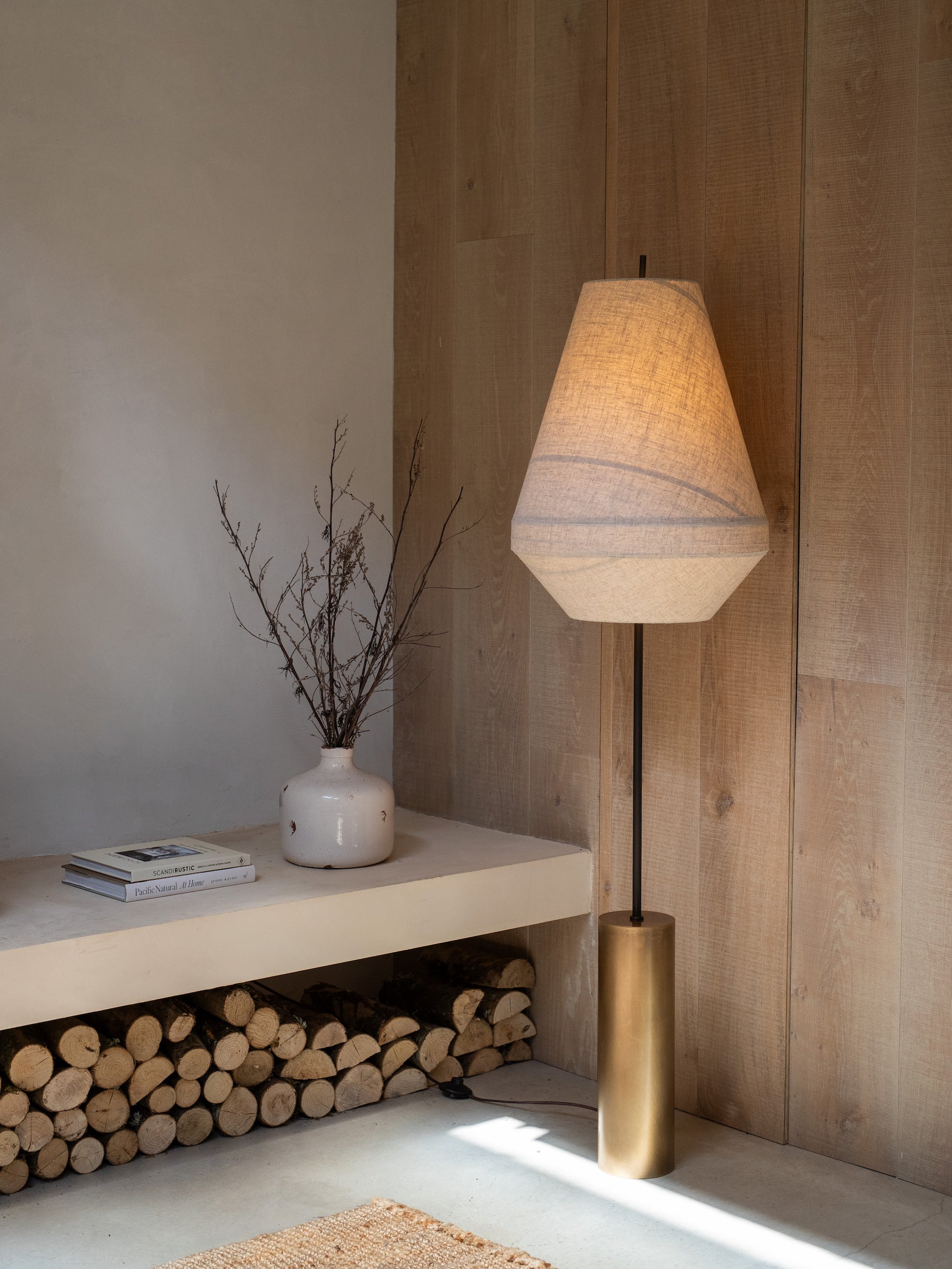 Solara aged brass and layered natural linen floor lamp