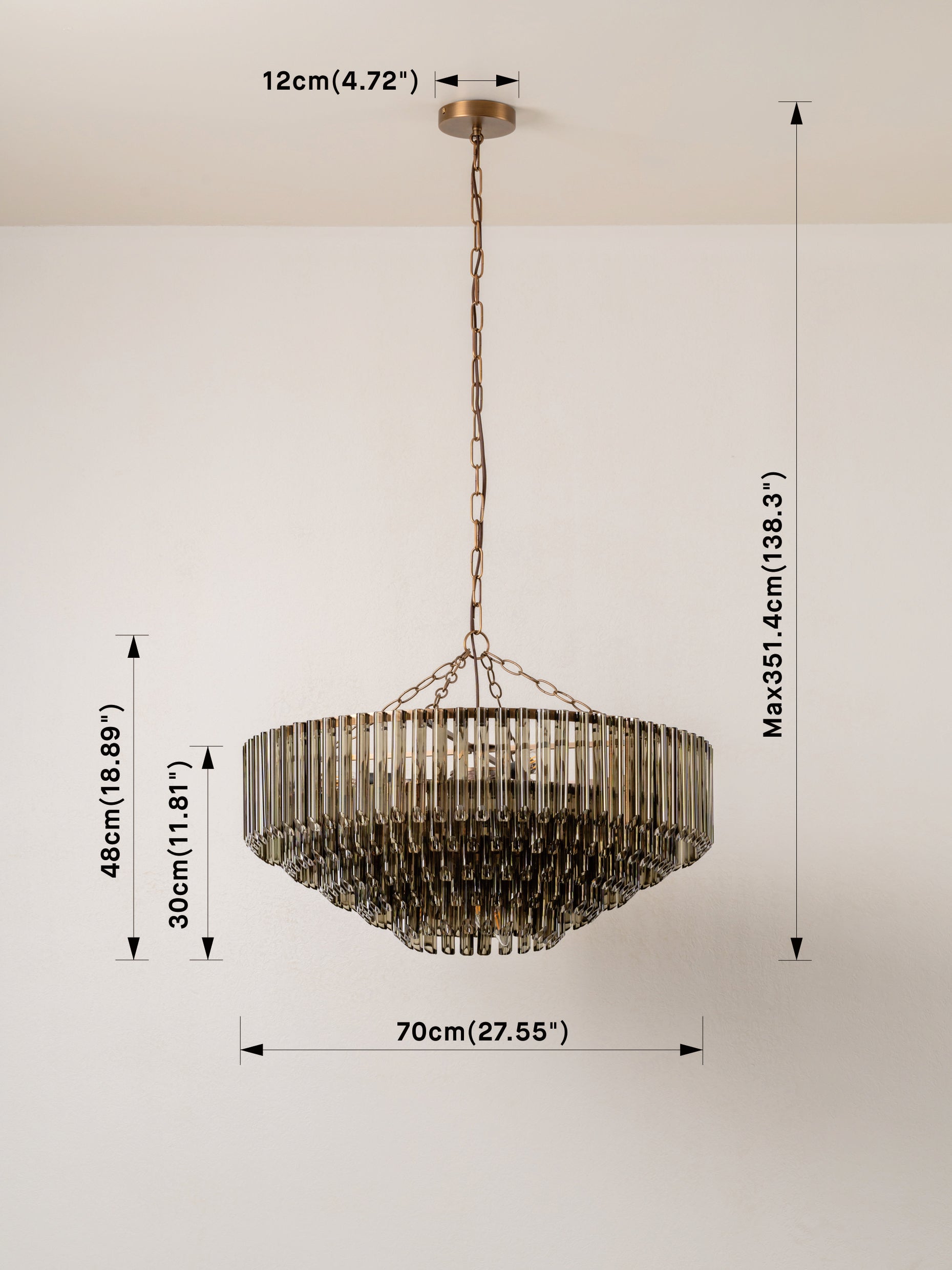 Petalia - 9 light aged brass and smoked green glass tube wide chandelier