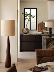 Baneza - aged brass and wood cone floor lamp | Floor Lamp | lights&lamps | UK | Modern Affordable Designer Lighting