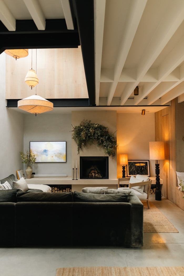 Aska tall charred wood and natural linen table lamp