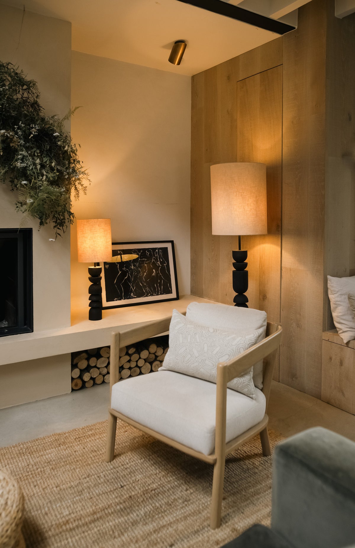 Aska tall charred wood and natural linen table lamp