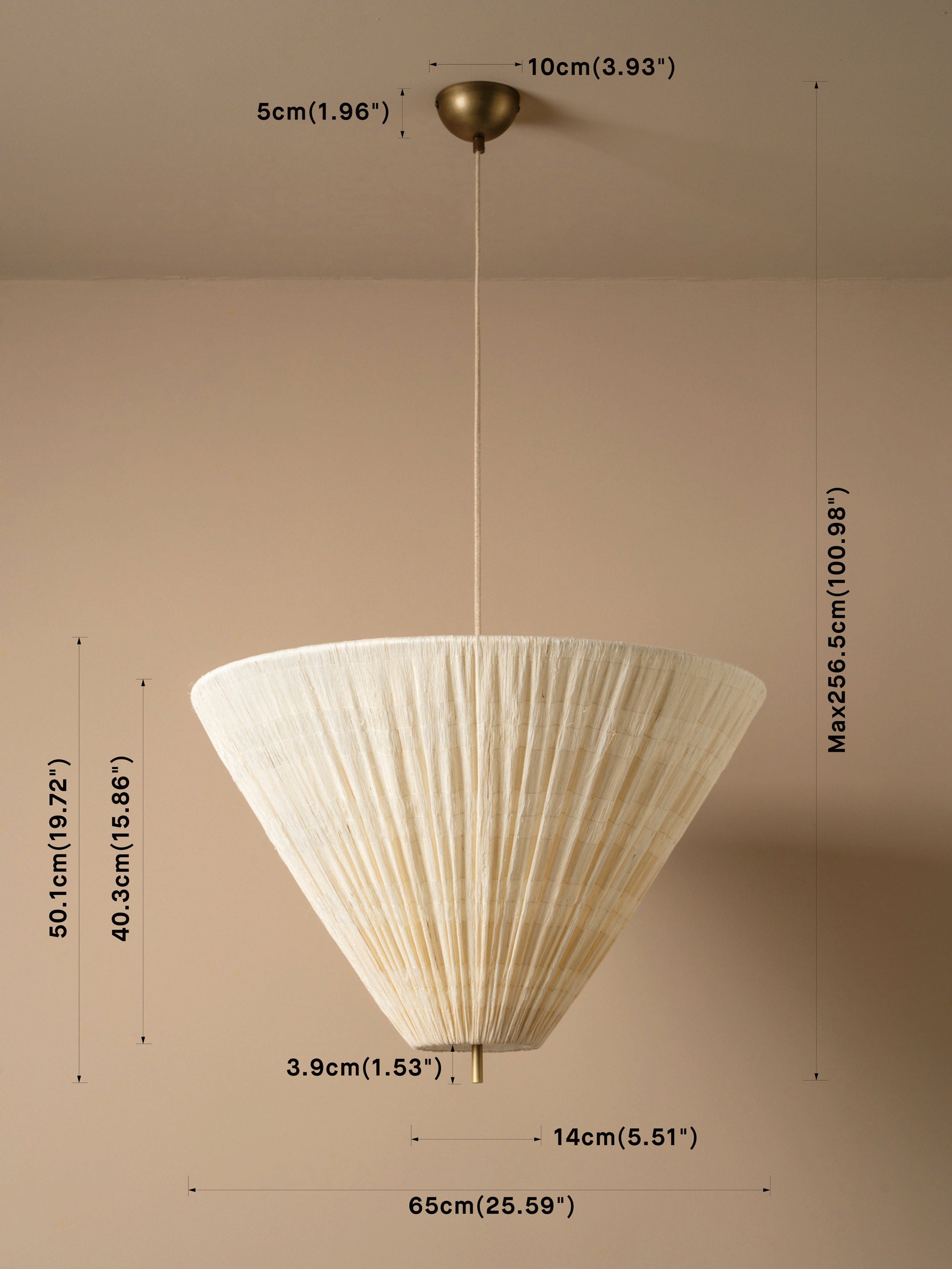 A pleated conical pendant light fixture in a warm cream or off-white shade, suspended from a brass ceiling canopy. The image features dimension lines and text overlays indicating the product's height, width, and the maximum height of the shade.