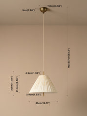 Pleated white conical pendant light with brass ceiling canopy and cord, overlaid with dimension labels showing height, width, and canopy measurements against a plain beige wall.