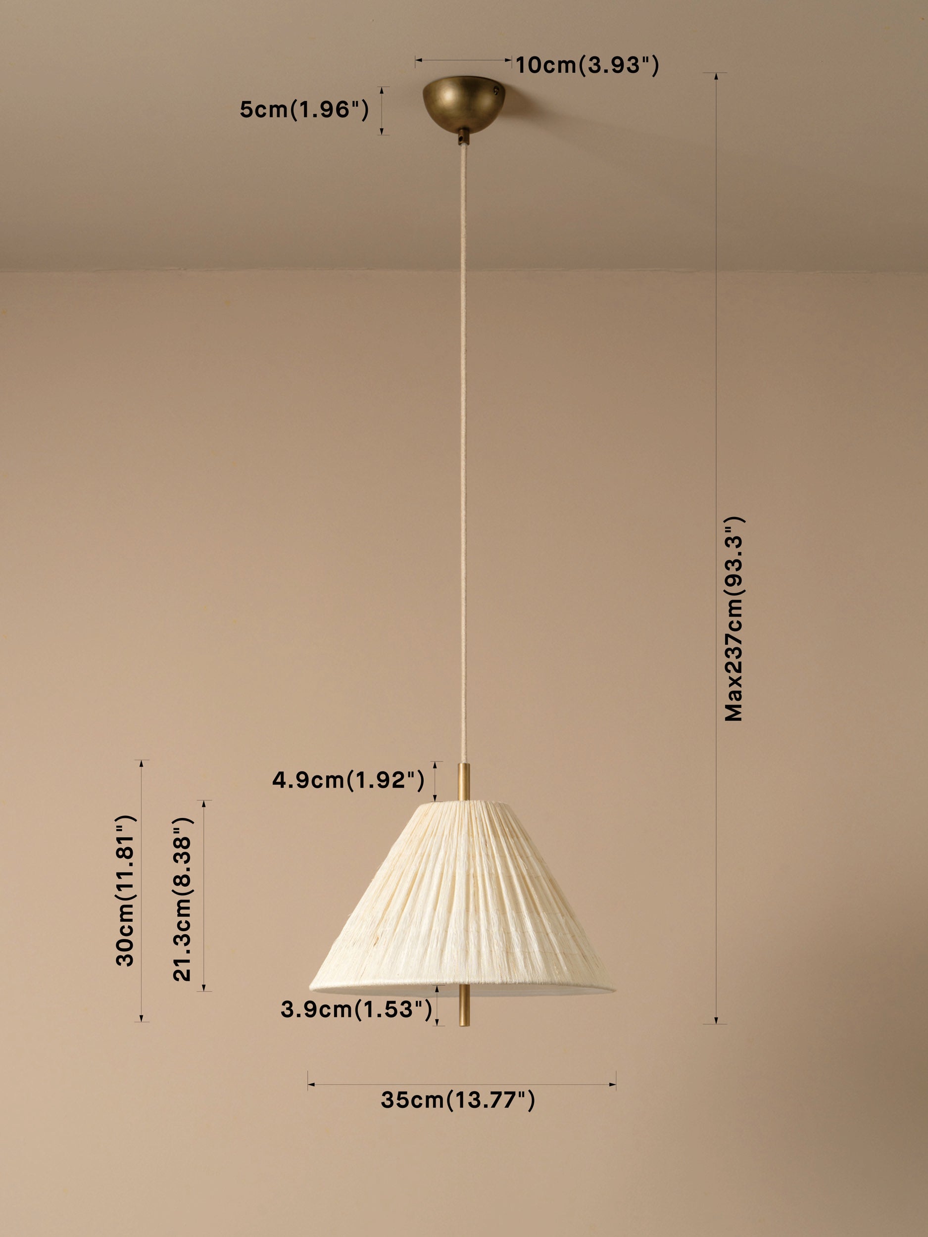 Pleated white conical pendant light with brass ceiling canopy and cord, overlaid with dimension labels showing height, width, and canopy measurements against a plain beige wall.