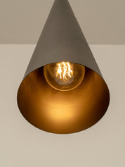 A cone-shaped pendant light fixture with a matte dark gray exterior and a metallic gold interior, showcasing a glowing warm Edison bulb.