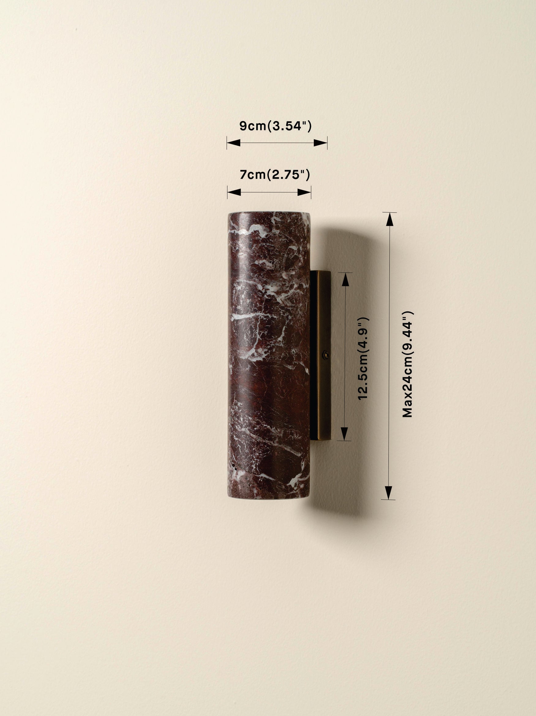 Marble-patterned cylindrical object with dimensions indicated on a beige background