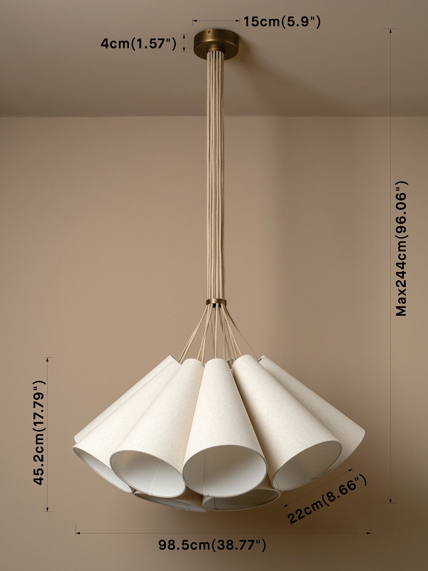 A white multi-light linear ceiling fixture with five cone-shaped shades, shown hanging from a beige ceiling with dimension annotations.