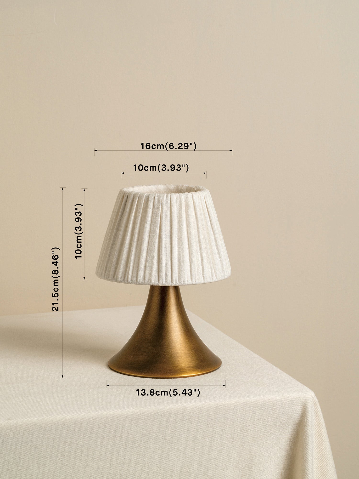 brass and linen small table lamp with dimensions on it