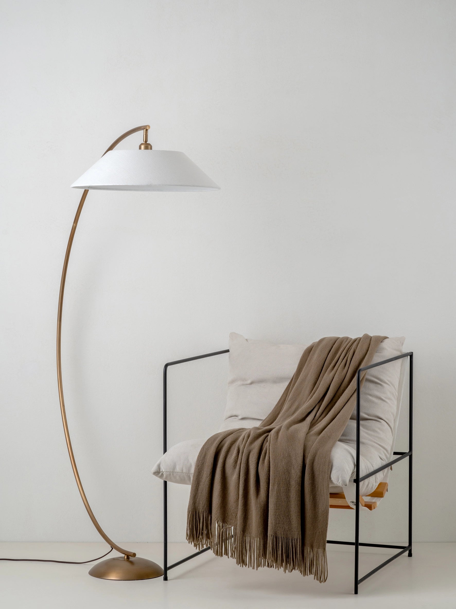 Circo - 1 light arc aged brass and natural linen floor lamp | Floor Lamp | Lights & Lamps | UK | Modern Affordable Designer Lighting