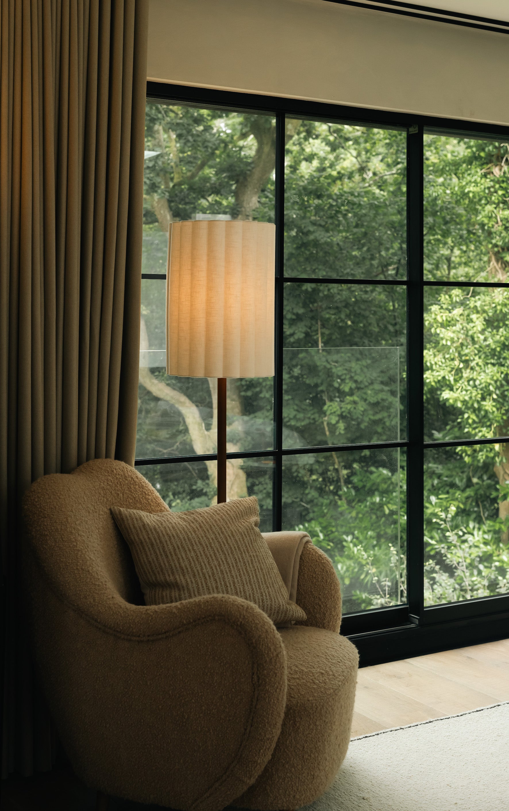 Folia - walnut wood and scalloped natural linen floor lamp | Floor Lamp | Lights & Lamps | UK | Modern Affordable Designer Lighting