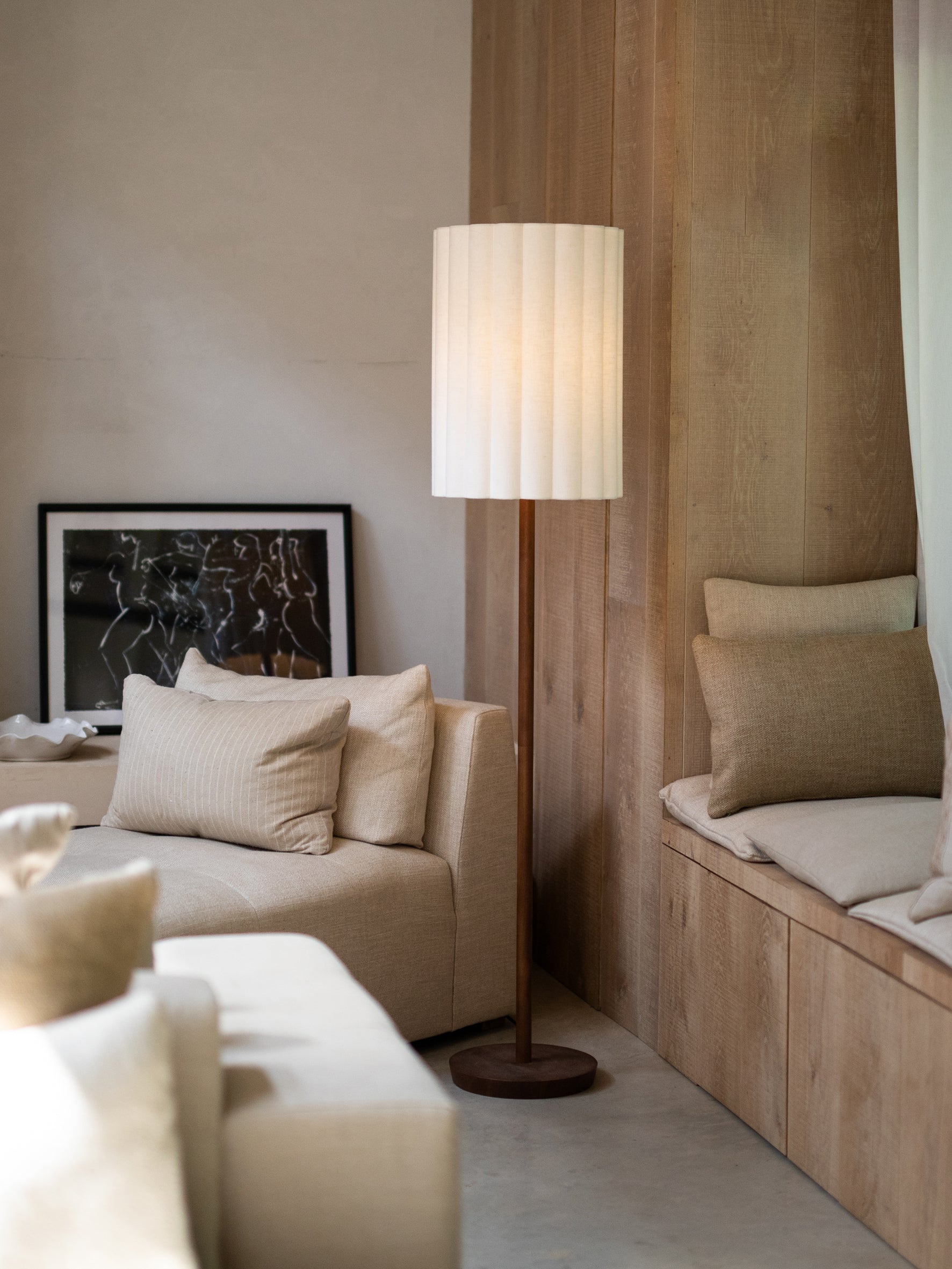 Folia - walnut wood and scalloped natural linen floor lamp | Floor Lamp | Lights & Lamps | UK | Modern Affordable Designer Lighting