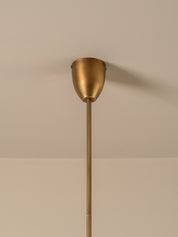 A modern pendant light fixture with a brushed brass or bronze metal shade and a long matching stem, shown hanging against a warm beige wall.