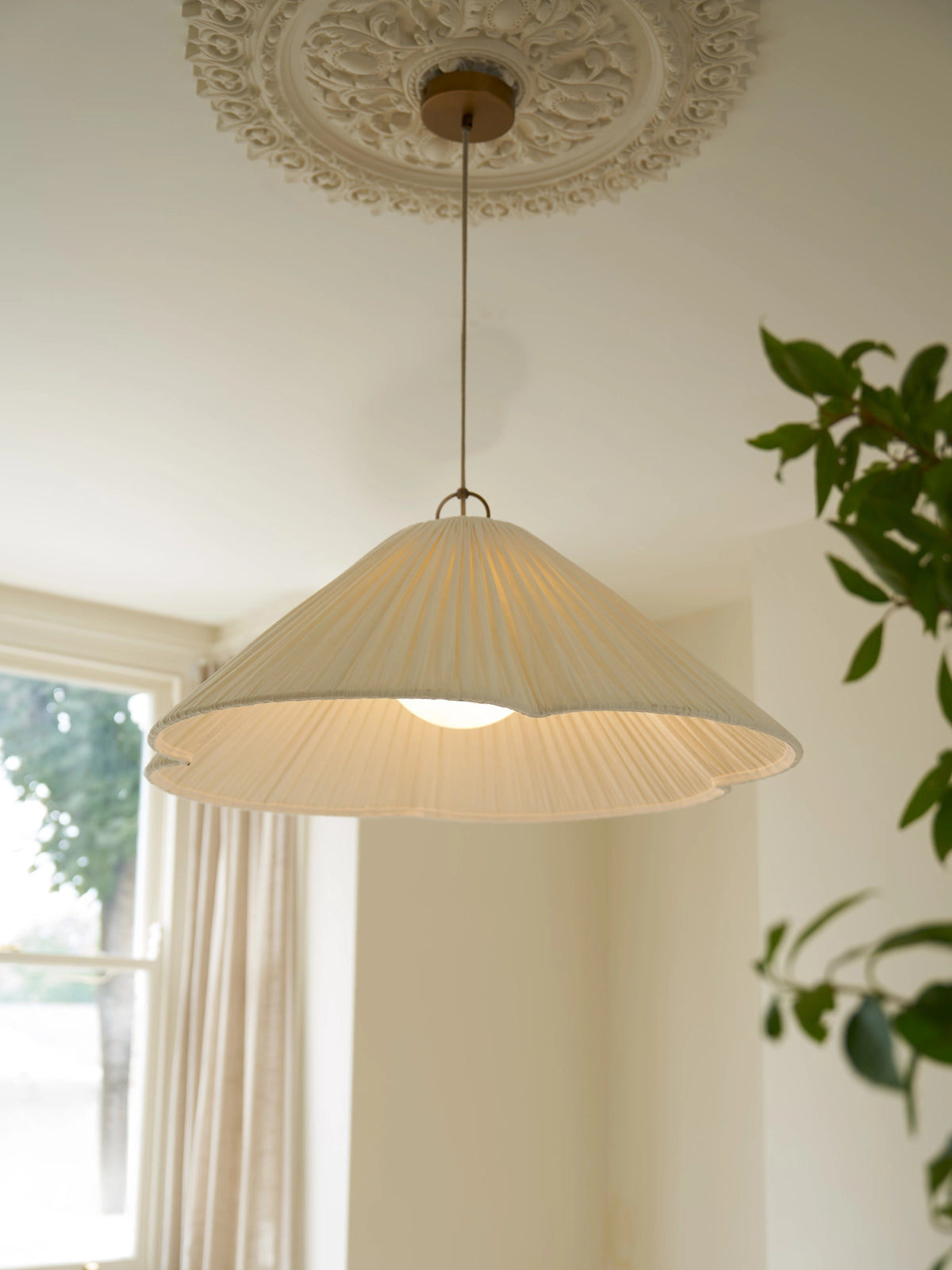 Lindi - aged brass and linen oversized scalloped pendant | Ceiling Light | lights&lamps | UK | Modern Affordable Designer Lighting