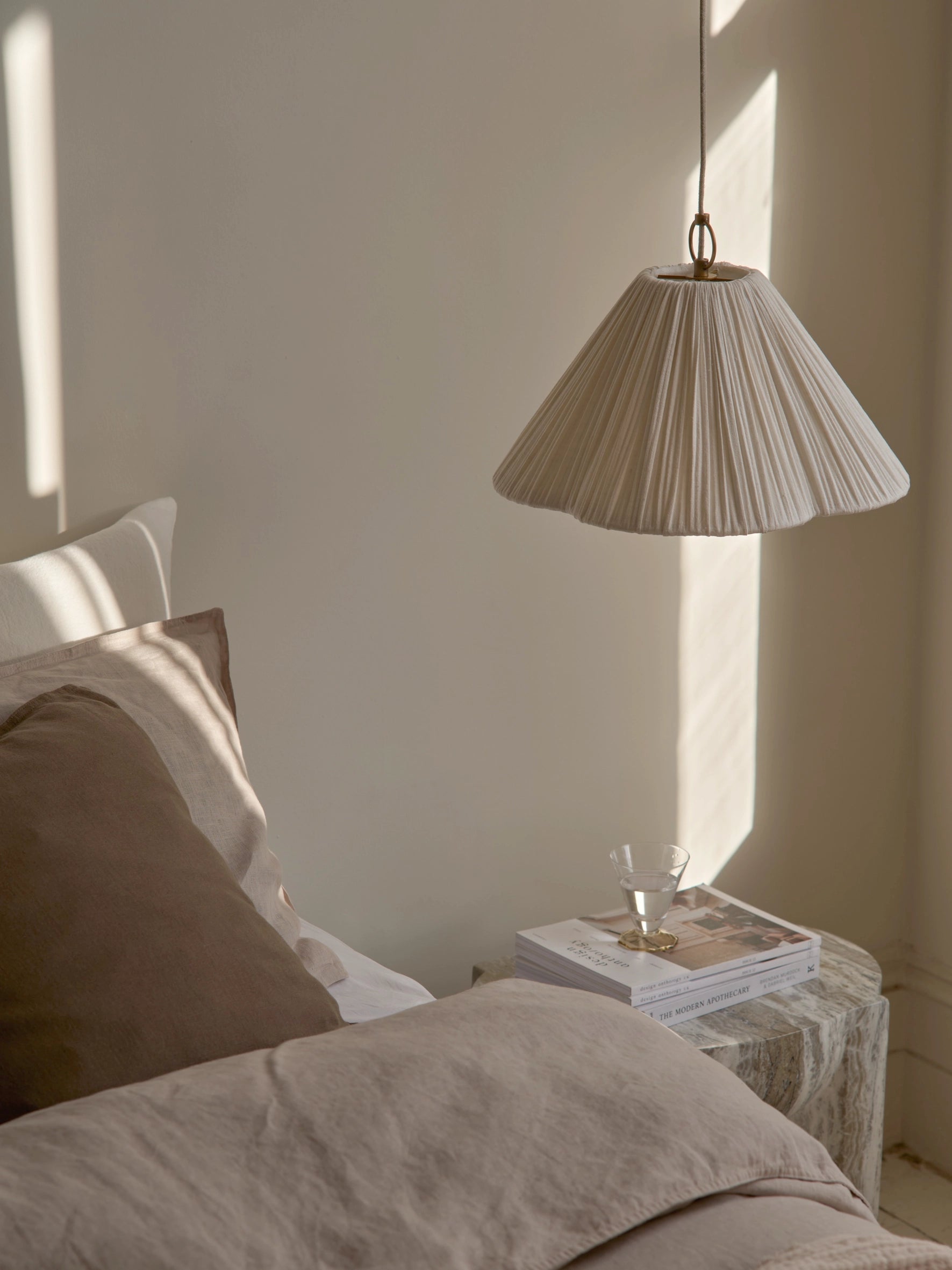 Lindi - small aged brass and linen scalloped pendant | Ceiling Light | lights&lamps | UK | Modern Affordable Designer Lighting