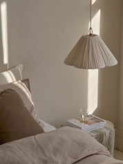 Lindi - small aged brass and linen scalloped pendant | Ceiling Light | lights&lamps | UK | Modern Affordable Designer Lighting