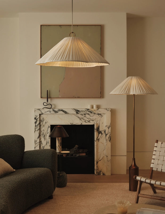Lindi - aged brass and linen scalloped floor lamp | Floor Lamp | lights&lamps | UK | Modern Affordable Designer Lighting
