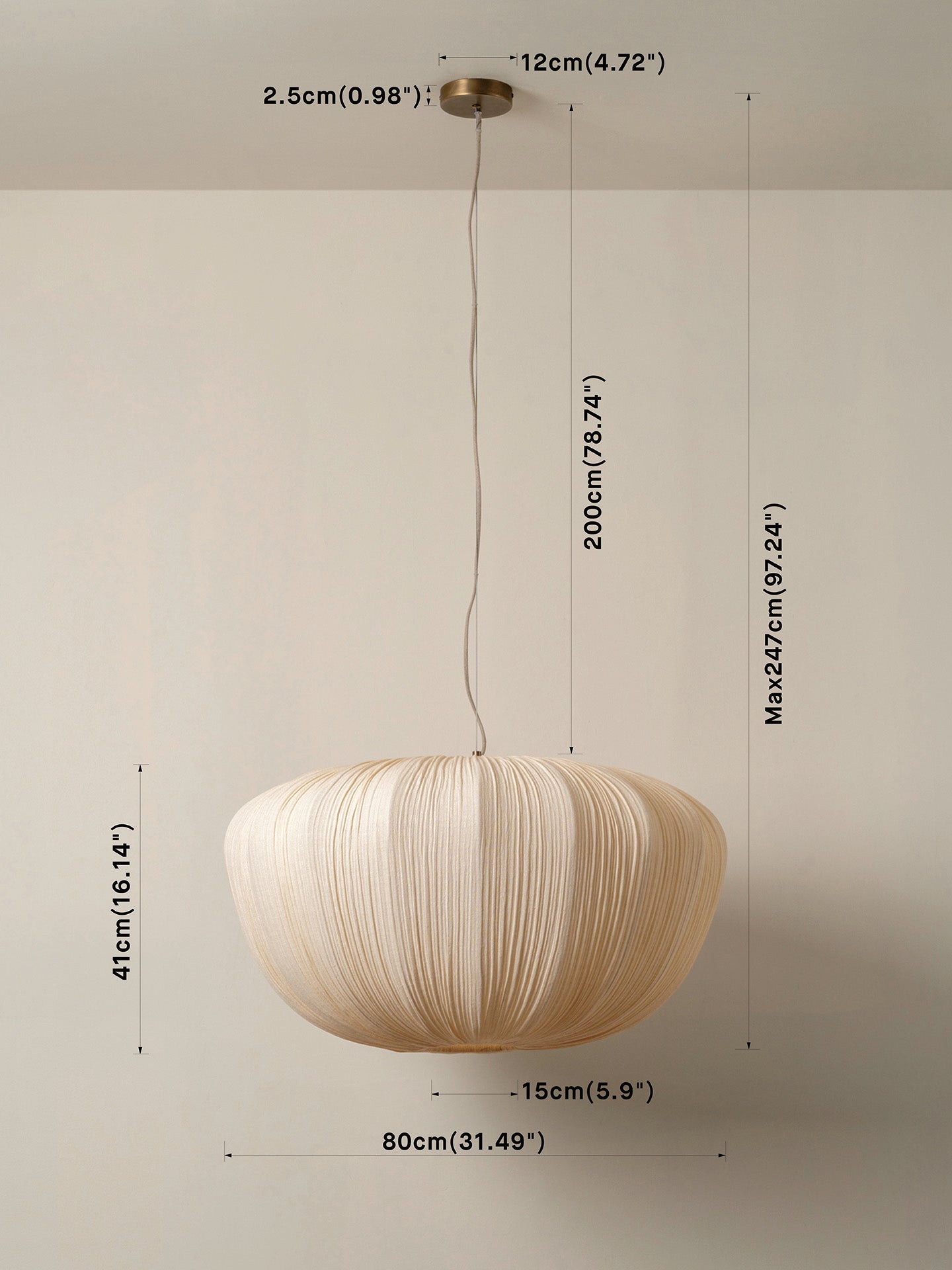 A hanging pendant light with a pleated, pumpkin-shaped shade in a warm cream color, shown with dimension lines and labels indicating its height, width, and ceiling canopy measurements.