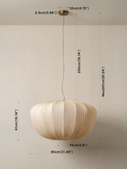 A hanging pendant light with a pleated, pumpkin-shaped shade in a warm cream color, shown with dimension lines and labels indicating its height, width, and ceiling canopy measurements.
