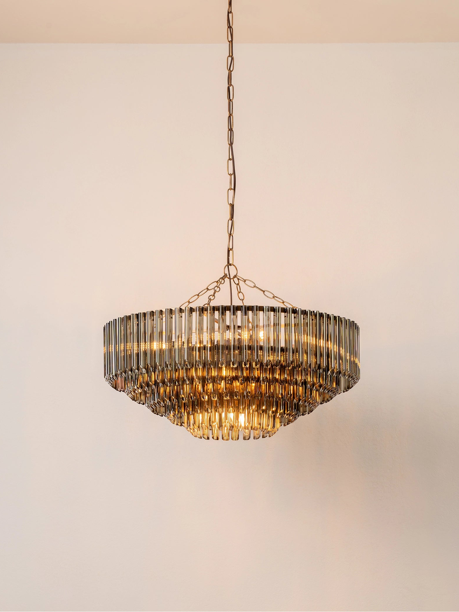 Petalia - 9 light aged brass and smoked green glass tube wide chandelier | Chandelier | lights&lamps | UK | Modern Affordable Designer Lighting