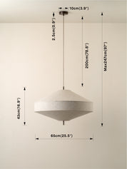 Pendant light fixture with dimension annotations showing ceiling canopy to shade top, shade width, shade height, and overall maximum height on a plain light background.
