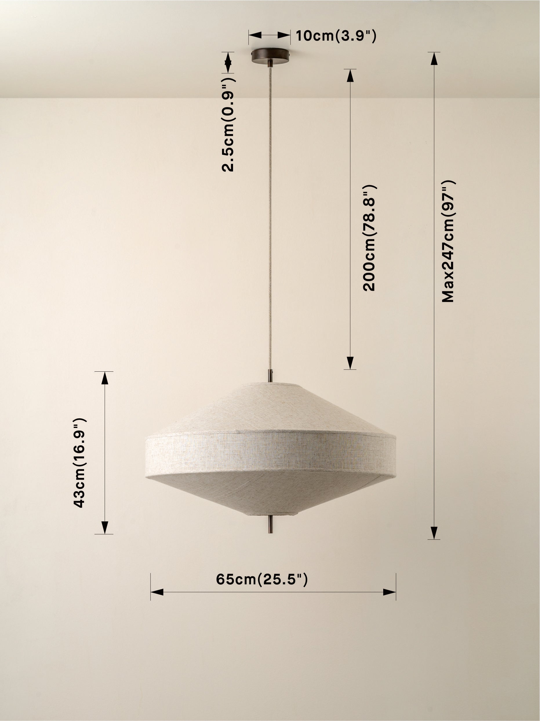 Pendant light fixture with dimension annotations showing ceiling canopy to shade top, shade width, shade height, and overall maximum height on a plain light background.