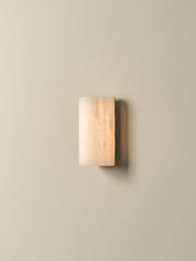 A modern rectangular wall sconce with a frosted, warm-toned glass shade, mounted on a solid beige wall.