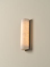 A modern vertical rectangular wall sconce with a frosted, textured white glass shade, mounted on a warm beige wall.