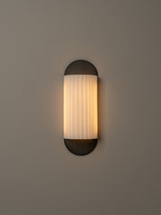 A modern wall sconce light fixture with a vertical ribbed frosted glass shade and dark metal end caps, mounted on a plain warm gray wall.