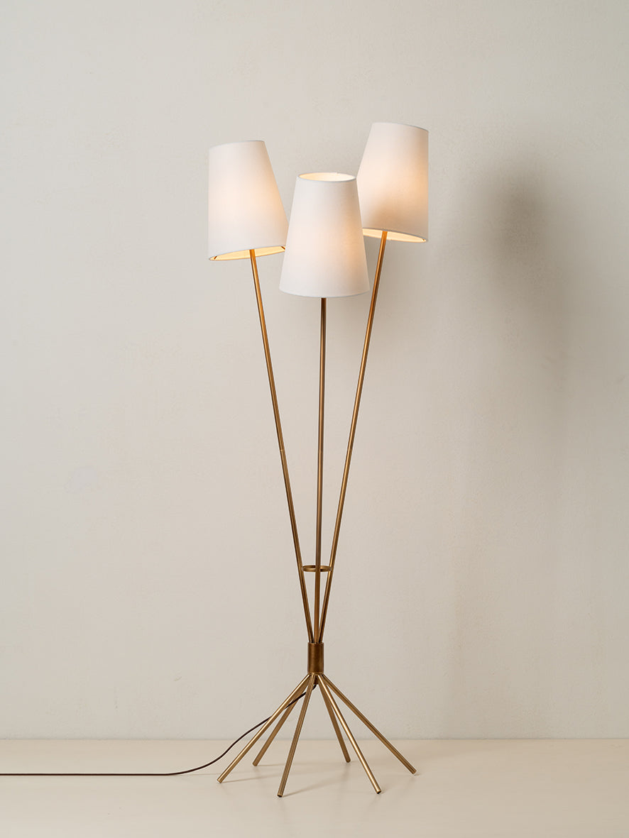 Renwick - 3 light linen and aged brass floor lamp | Floor Lamp | Lights & Lamps | UK | Modern Affordable Designer Lighting
