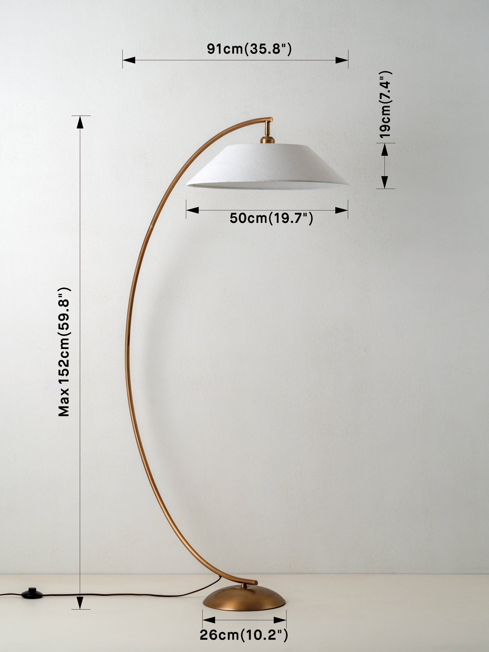A floor lamp with a curved brass-colored metal stand and a white conical shade, shown against a plain light background with overlaid dimension labels for height, shade width, shade depth, and base diameter.