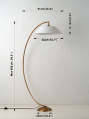 A floor lamp with a curved brass-colored metal stand and a white conical shade, shown against a plain light background with overlaid dimension labels for height, shade width, shade depth, and base diameter.