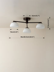Three-light ceiling fixture with a dark metal frame and white glass shades, shown with dimension callouts for width, height, and overall span on a plain wall.