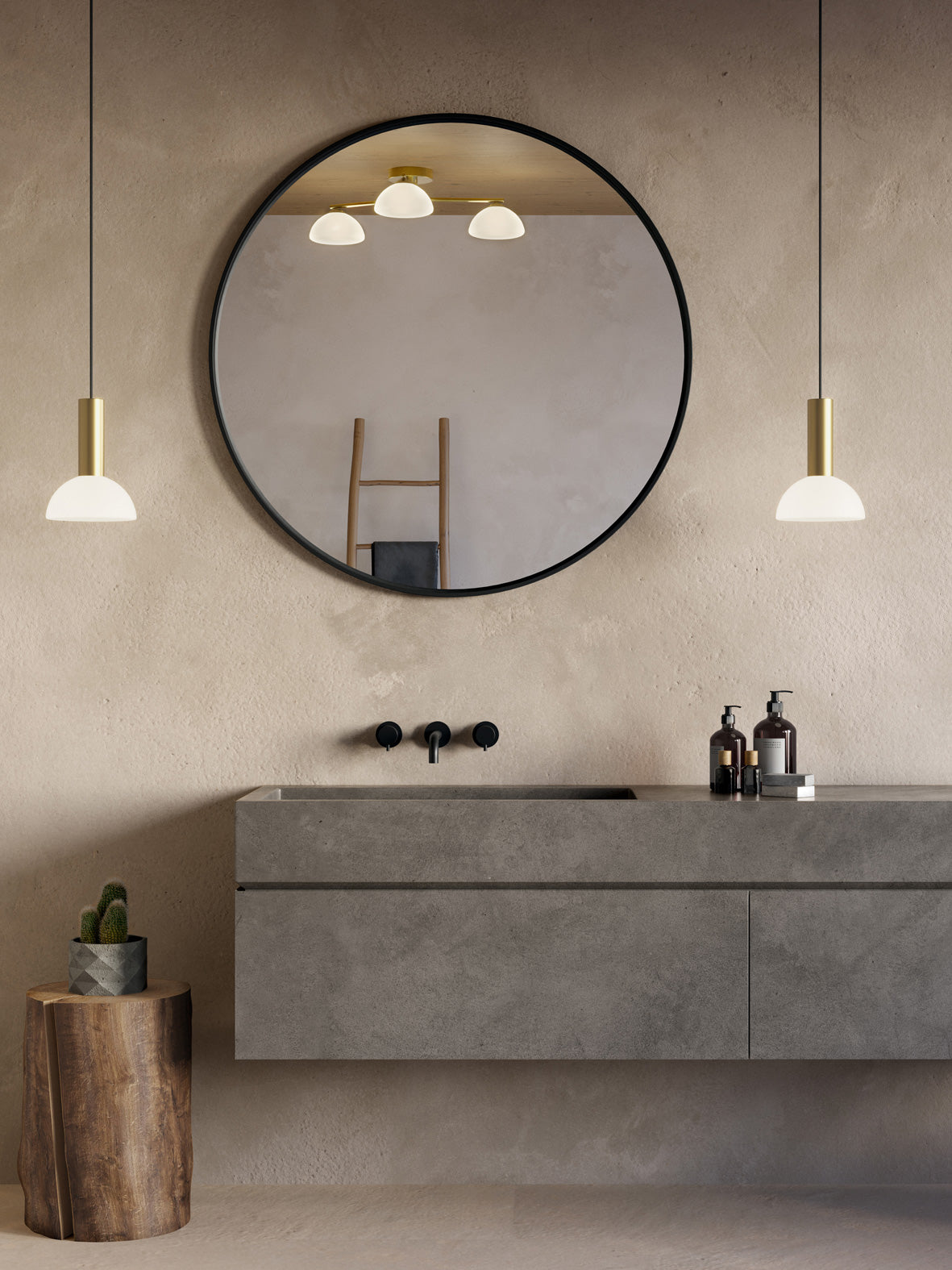 Wall mirror with hanging outlet lamps